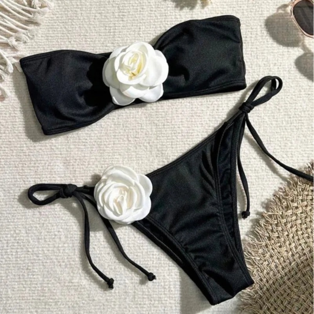 Black Bikini With Floral Accent And Ties